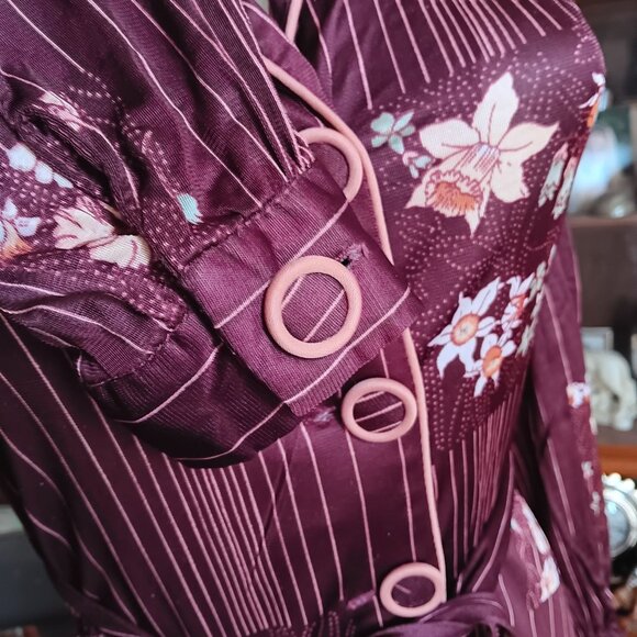 sz 8 True Vintage Boho Burgundy Midi Dress Belt Pinstripe Pattern Acetate 1970's - Picture 5 of 10